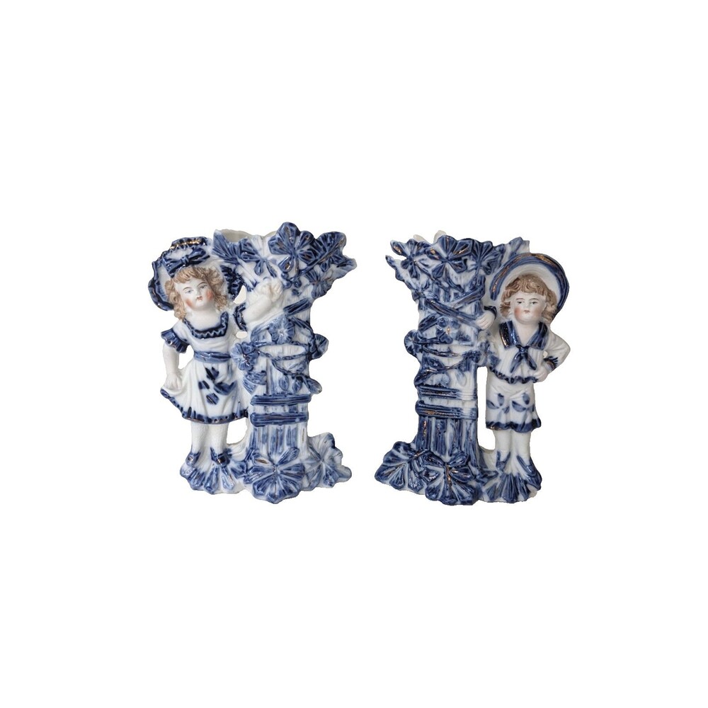 Antique German Mantel Vases Pair Boy Girl Blue White Porcelain Figurines c1900‎